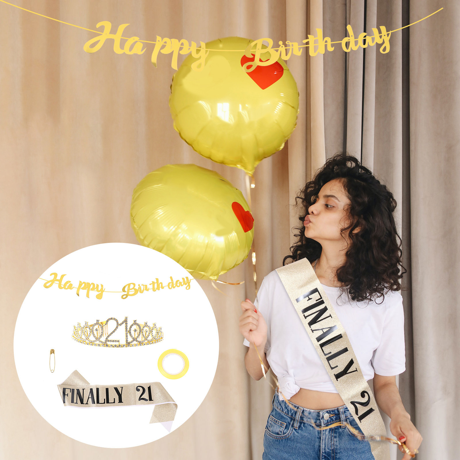 Birthday Sash Glitter - 1세트 글리터 생일 왕관 골드 글리터