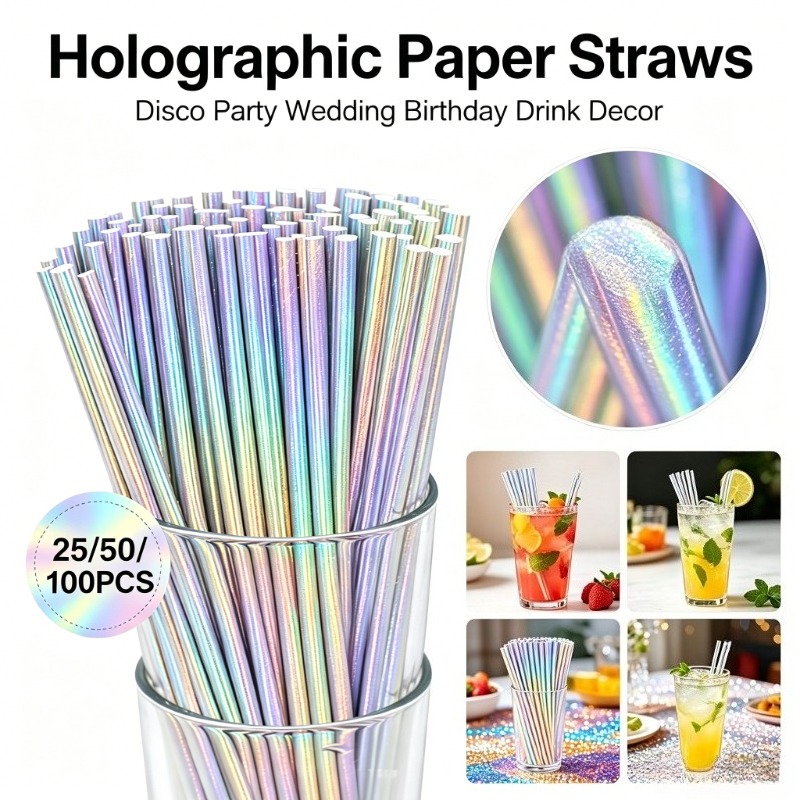 Paper Straw Color - 25/50/100PCS 실버 레이저 종이 빨대 일회용