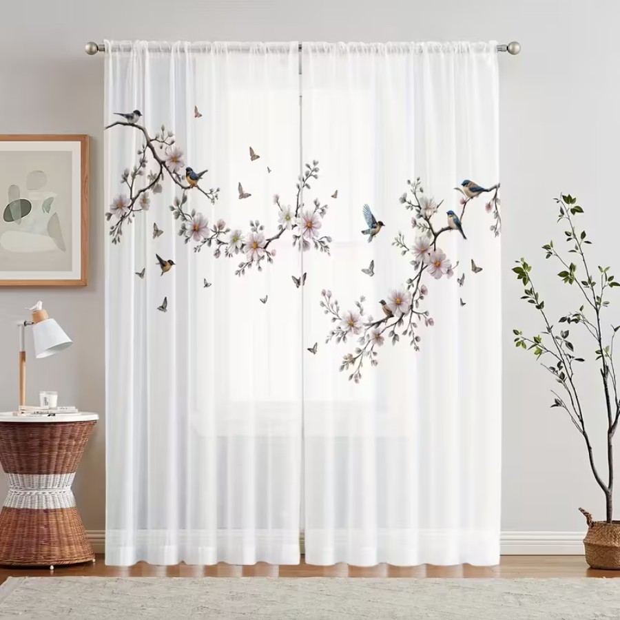 2PCS 디지털 프린트 시스루 커튼, 꽃 새 나비 자연 - Flower Wall Panel 리뷰 및 가격