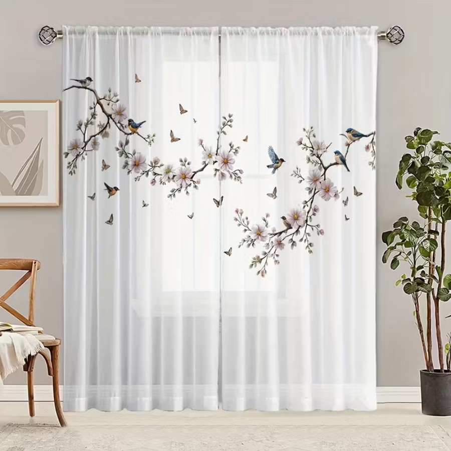 2PCS 디지털 프린트 시스루 커튼, 꽃 새 나비 자연 - Flower Wall Panel 리뷰 및 가격