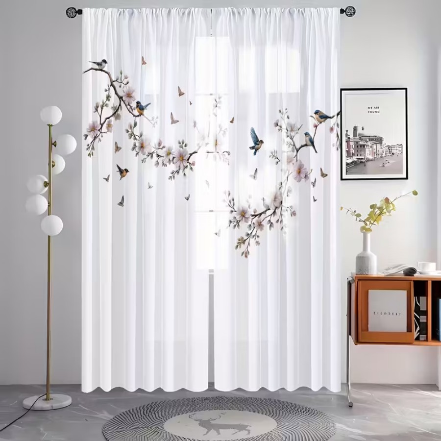 2PCS 디지털 프린트 시스루 커튼, 꽃 새 나비 자연 - Flower Wall Panel 리뷰 및 가격